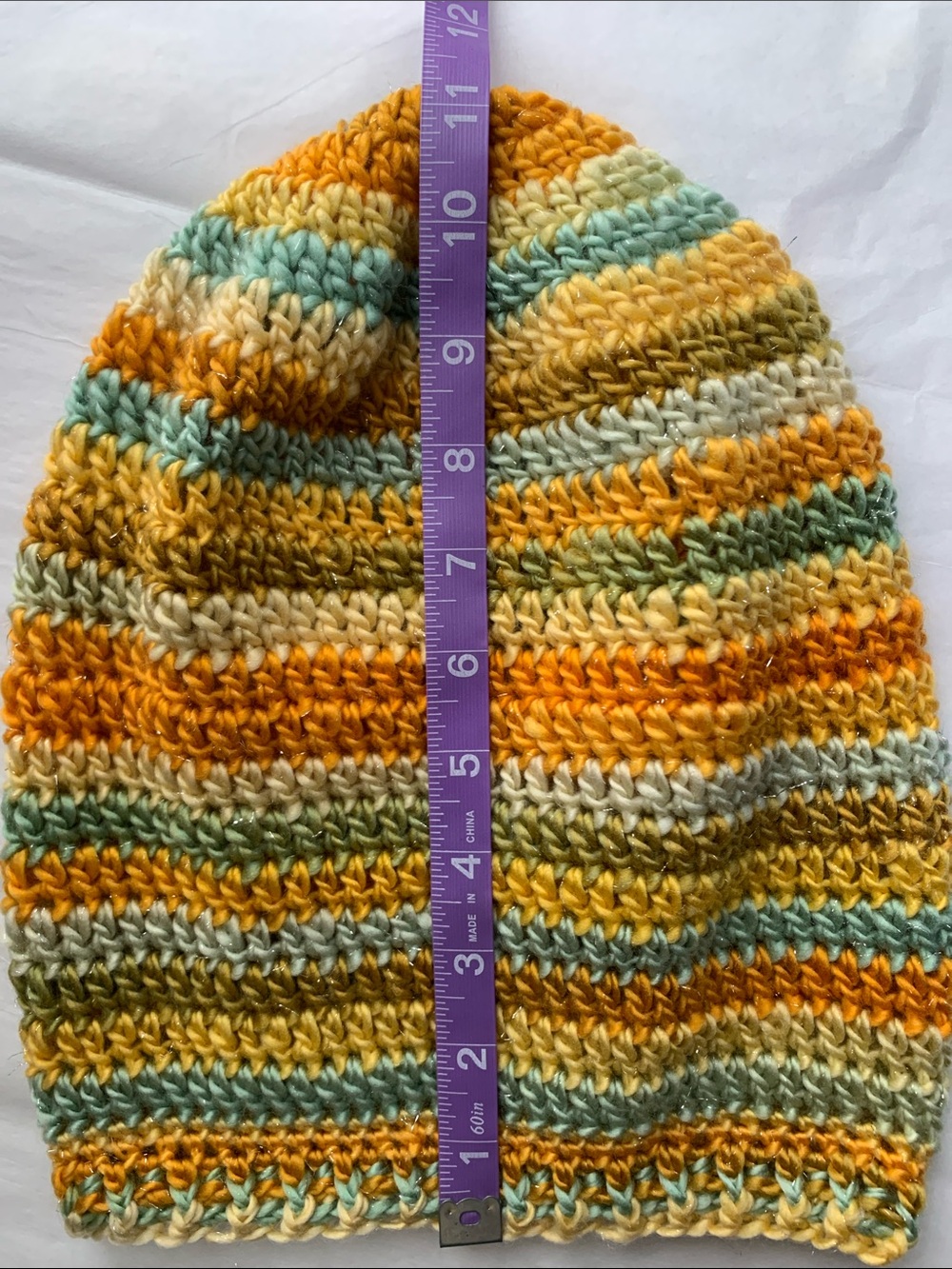 HAND CRAFTED Striped Crochet Slouch Beanie NEW Mustard Yellow Sage Green Ivory - Picture 5 of 7